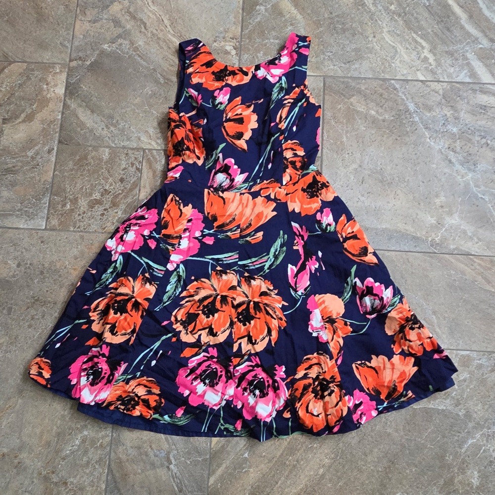 PREMISE DRESSES Navy Blue Floral Print Fit Flare Dress Size 4 Orange‎ Pink Party